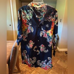 Ralph Lauren Navy Floral Sleep-shirt or Beach Coverup Roll Tab Sleeve Shirt NWT